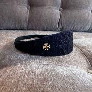 Tory Burch Navy Tweed Headband with Black Shimmery Stitching and Gold Logo